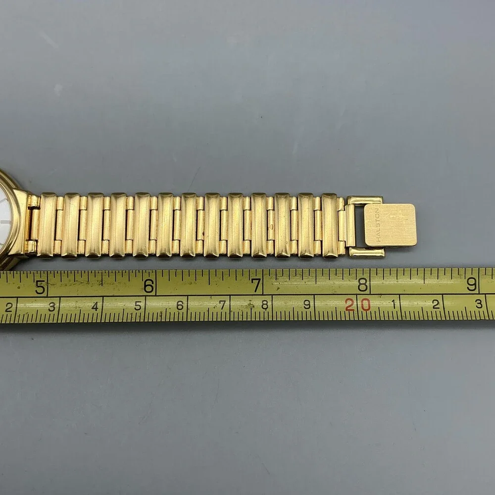 Vintage Halston Womens Watch 32mm Gold Tone White Dial Bracelet New Battery 8.5